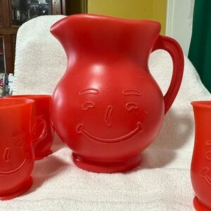 Cheerful Red Smiley Face Pitcher and Cups Set